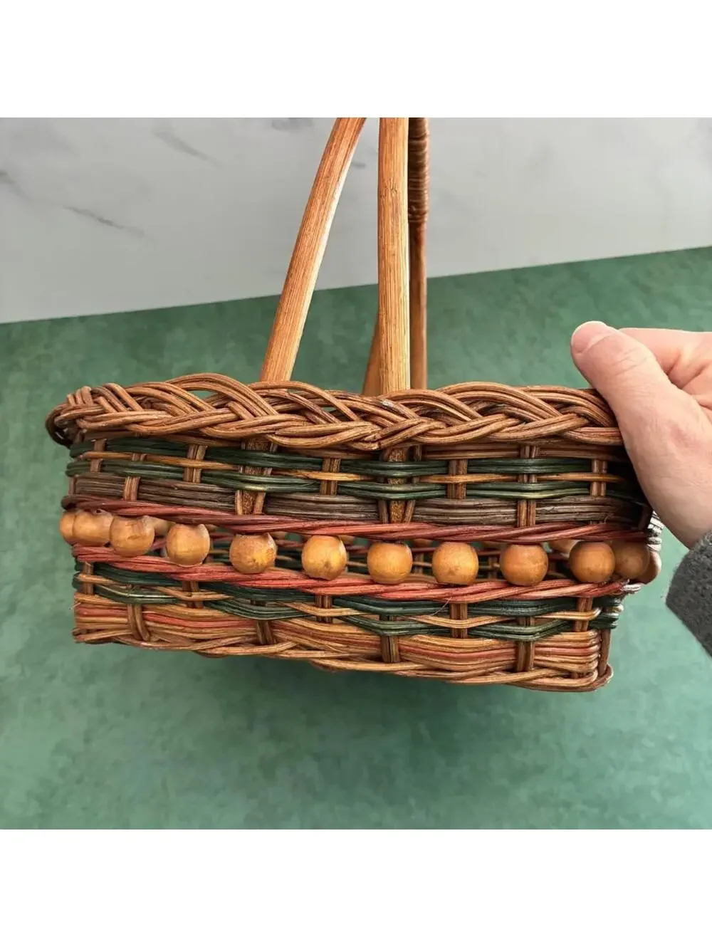 Vintage Woven Wicker Gathering Basket Wood Bead Trim Bentwood Handle Cottage